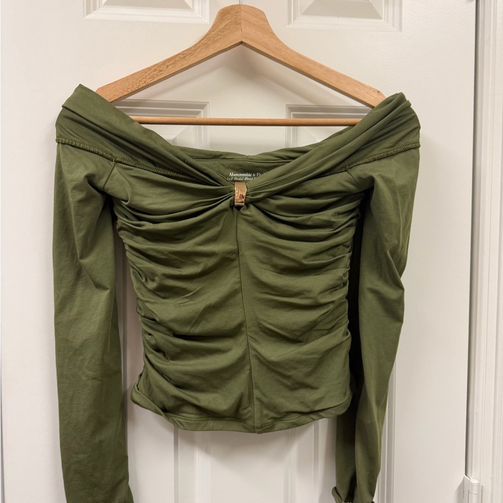 Abercrombie & Fitch Olive Off-Shoulder Ruched Long Sleeve Top
